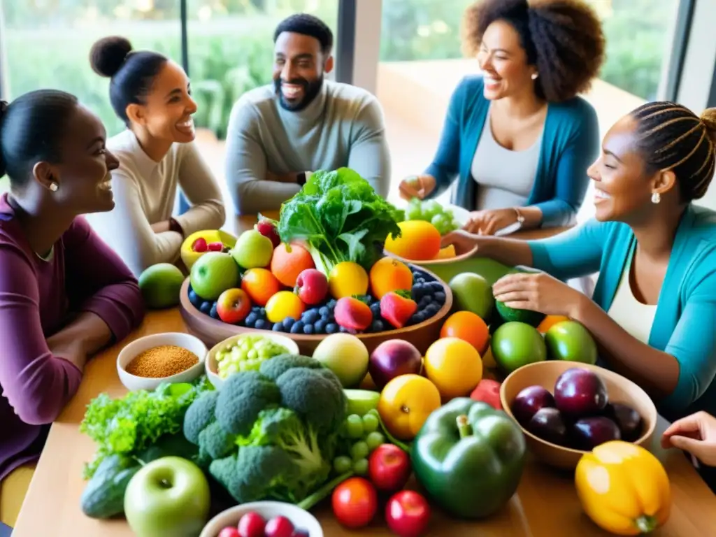 Grupo diverso debate legislación para reducir desperdicio alimentos orgánicos en escena vibrante con frutas y vegetales coloridos