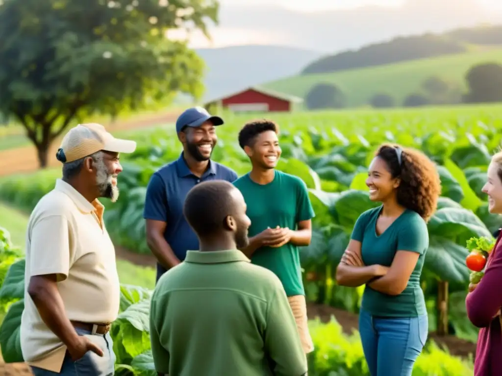 Un grupo diverso de estudiantes y agricultores se reúnen en una finca orgánica, fomentando la conservación en fincas orgánicas mediante el intercambio de conocimientos y la colaboración