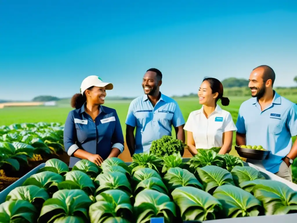 Grupo diverso en formación en agricultura orgánica competitiva, interactuando con plantas y herramientas en una granja moderna