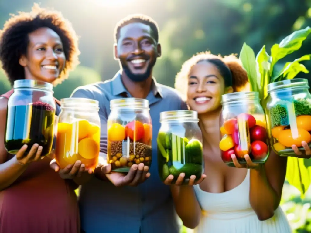 Un grupo diverso sostiene frutas y verduras en frascos transparentes