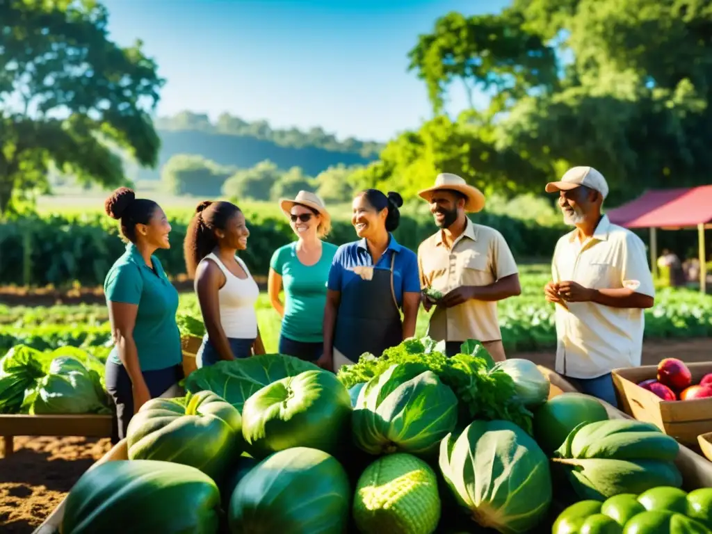 Un grupo diverso se une en una granja orgánica, promoviendo movimientos sociales agricultura orgánica local