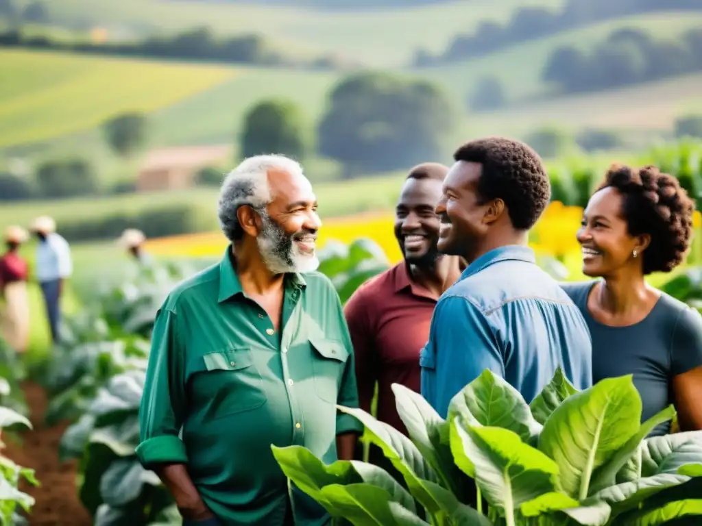 Un grupo diverso se reúne en granja orgánica bajo el sol, mostrando unidad y pasión en movimientos sociales agricultura orgánica