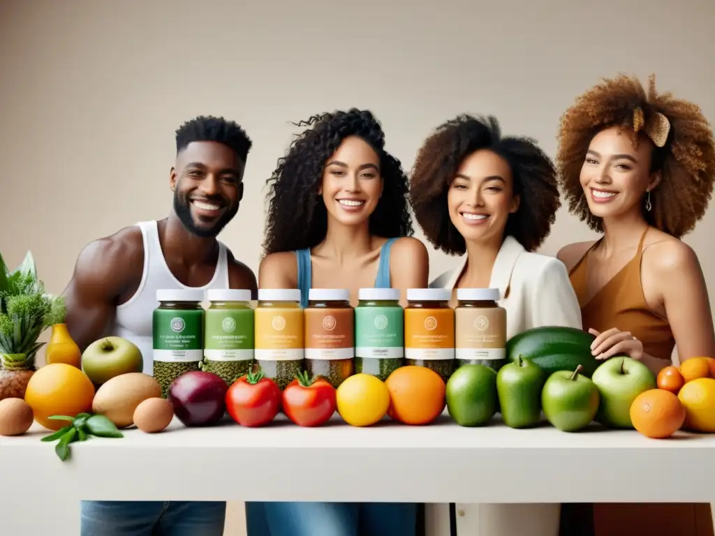 Un grupo diverso de influencers sonrientes promocionando alimentos orgánicos en un entorno moderno y elegante, transmitiendo autenticidad y confianza