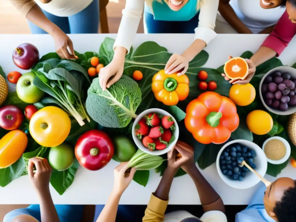 Un grupo diverso conversa animadamente alrededor de una mesa, mientras comparten sobre la importancia de la educación en alimentos orgánicos