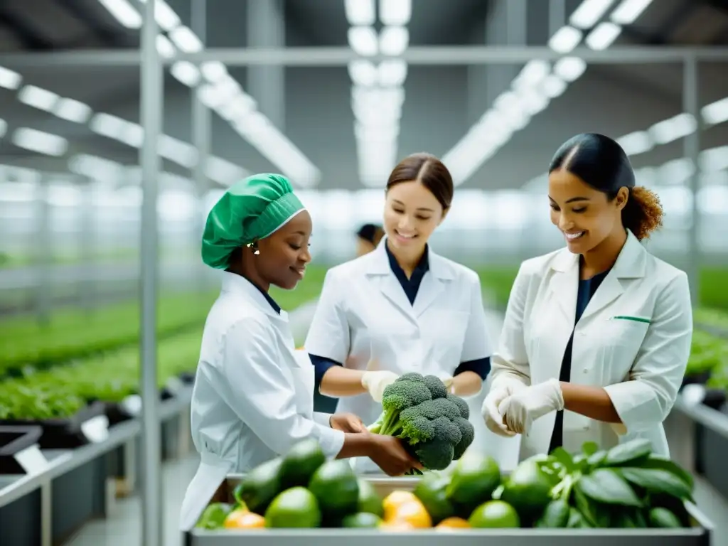 Un grupo diverso de mujeres expertas colabora en una moderna instalación de producción de alimentos orgánicos