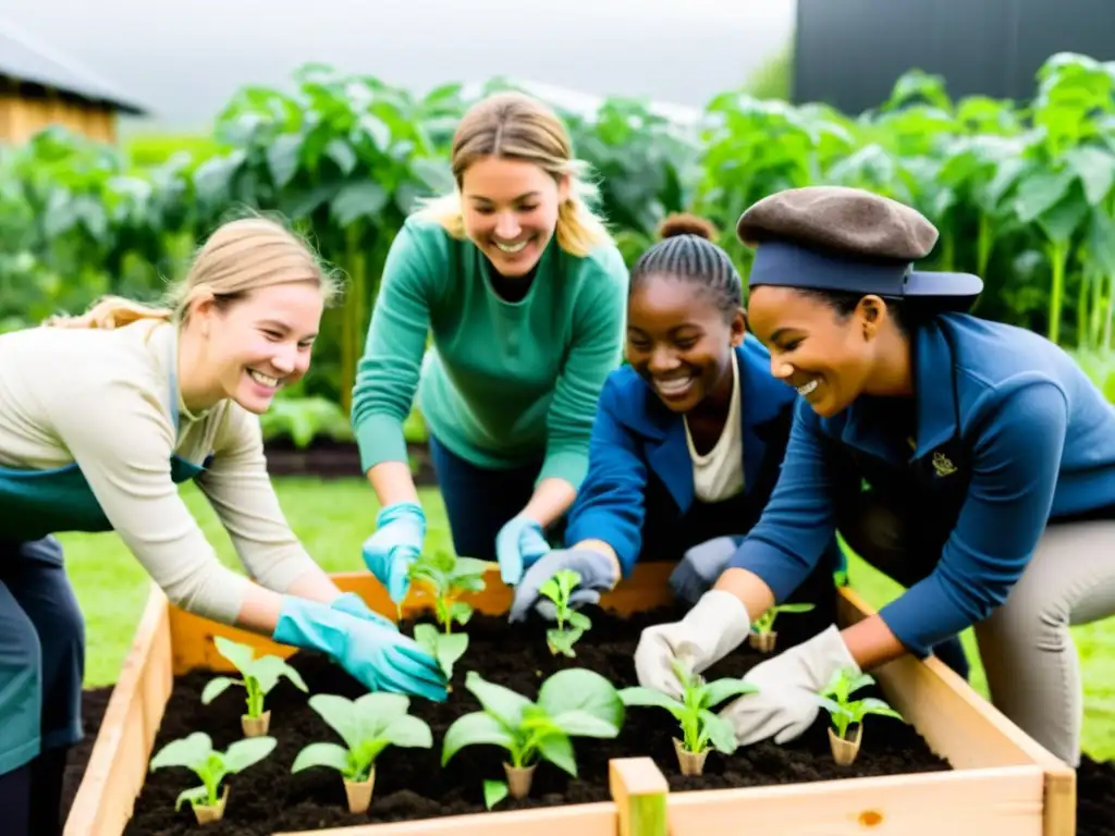 Grupo diverso de niños escolares trabajando en un huerto de permacultura, cuidando plantas y vegetales