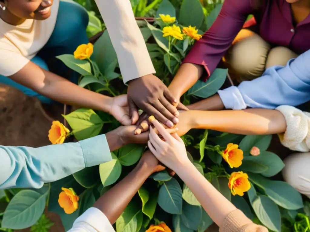 Un grupo diverso de personas sostiene un círculo, rodeado de naturaleza exuberante y flores vibrantes