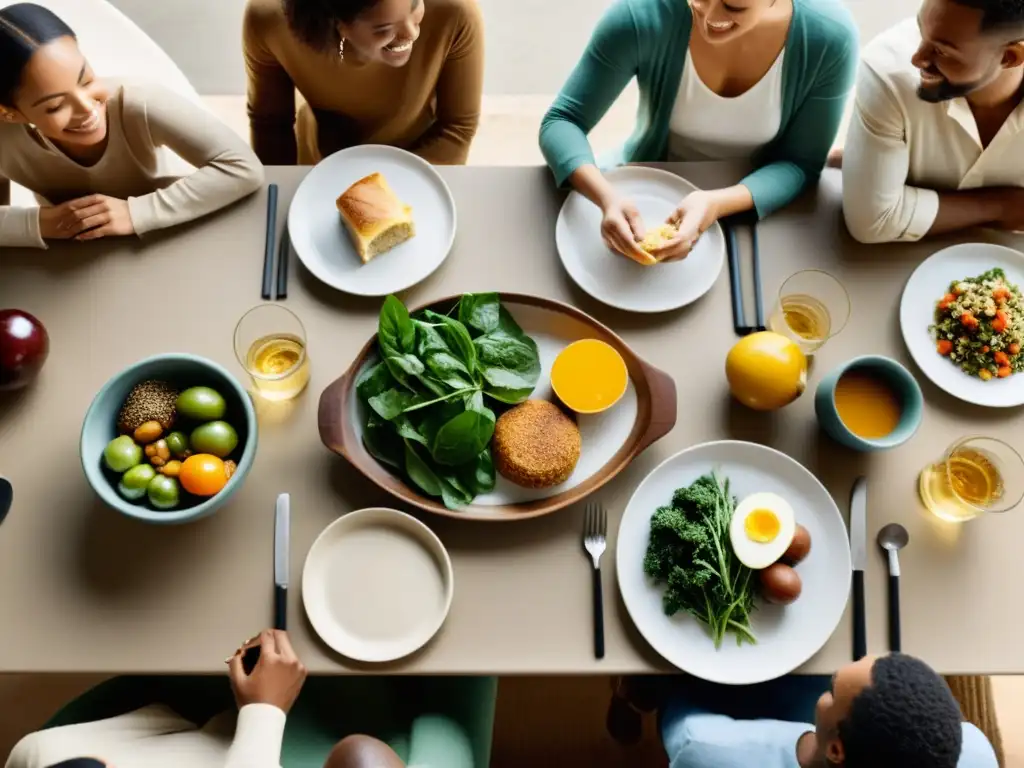 Un grupo diverso de personas comparte una comida alrededor de una mesa, en un ambiente cálido y acogedor