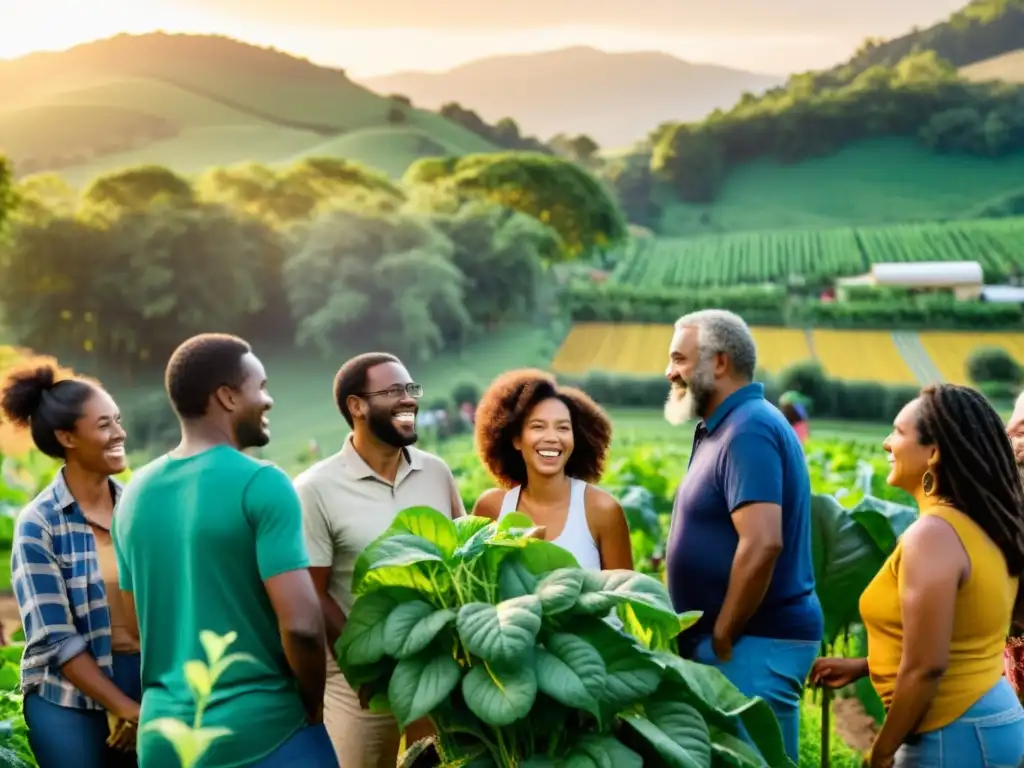 Un grupo diverso de personas se reúne en una granja orgánica, compartiendo comida, risas y conversación al atardecer