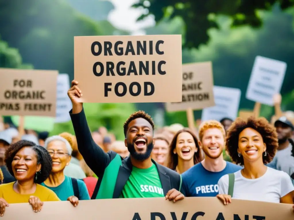 Un grupo diverso de personas sostiene pancartas en una protesta por la legislación de alimentos orgánicos, rodeados de exuberante vegetación