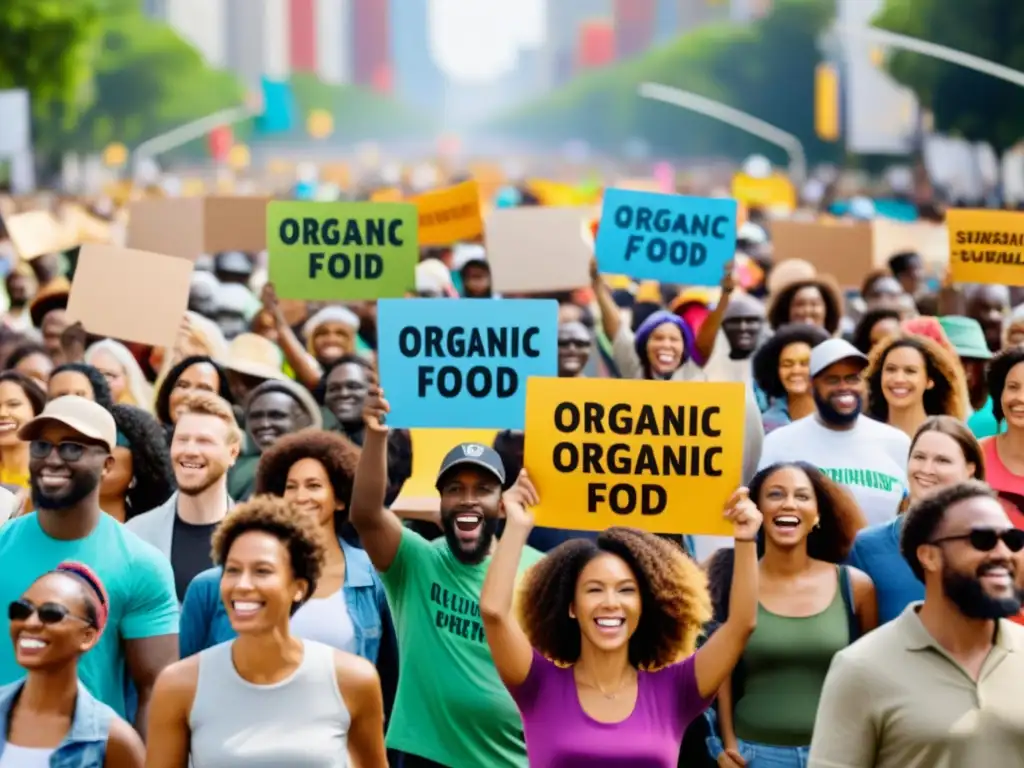 Un grupo diverso de personas participa en una protesta pacífica, sosteniendo pancartas sobre alimentos orgánicos y agricultura sostenible