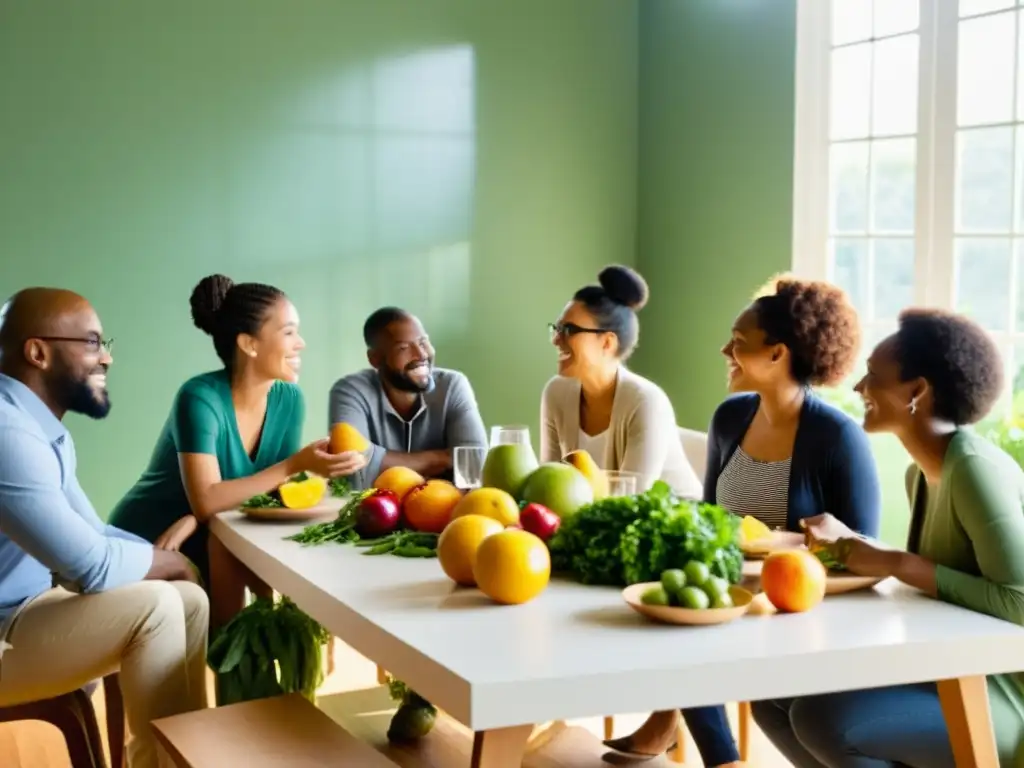 Grupo diverso debatiendo apasionadamente sobre políticas públicas alimentos orgánicos en una habitación iluminada por luz natural