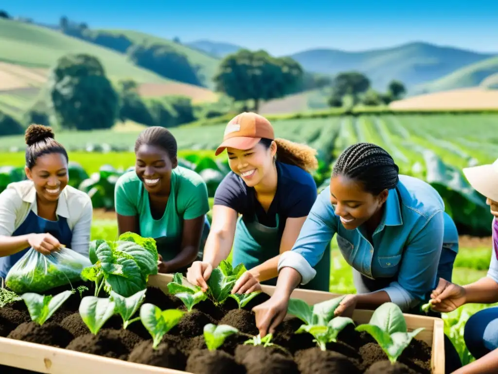 Un grupo diverso participa en un taller práctico sobre agricultura orgánica en un entorno de campos verdes y cielos azules