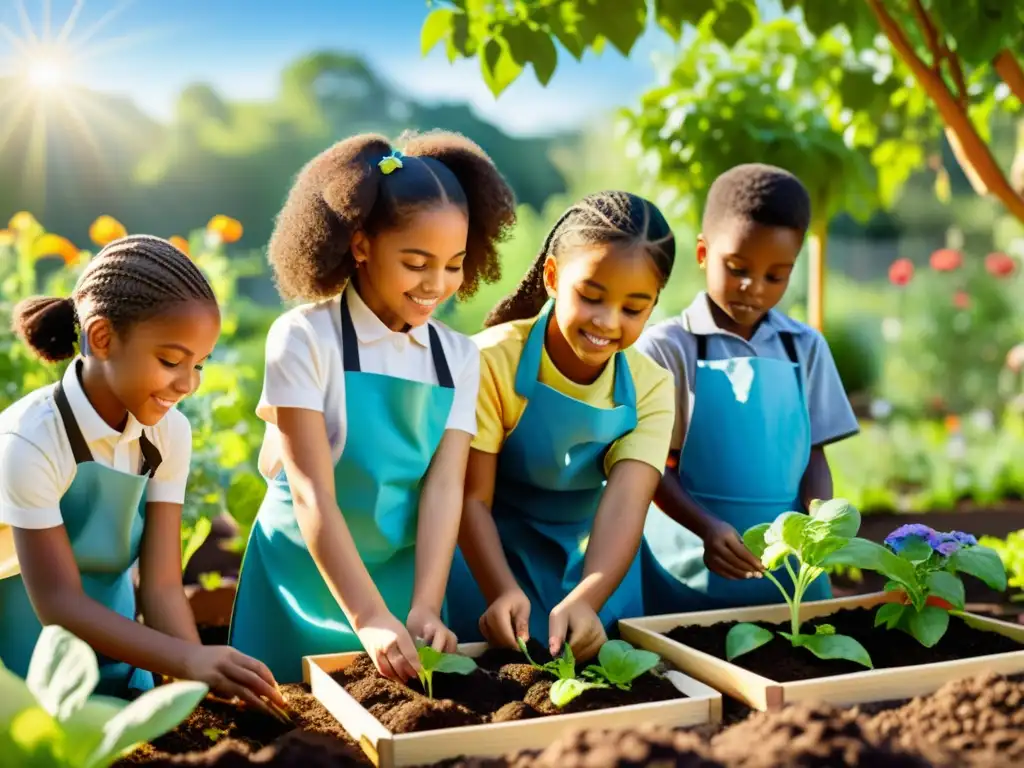 Grupo escolar diverso planta semillas en jardín orgánico, fomentando educación agricultura sostenible escolar