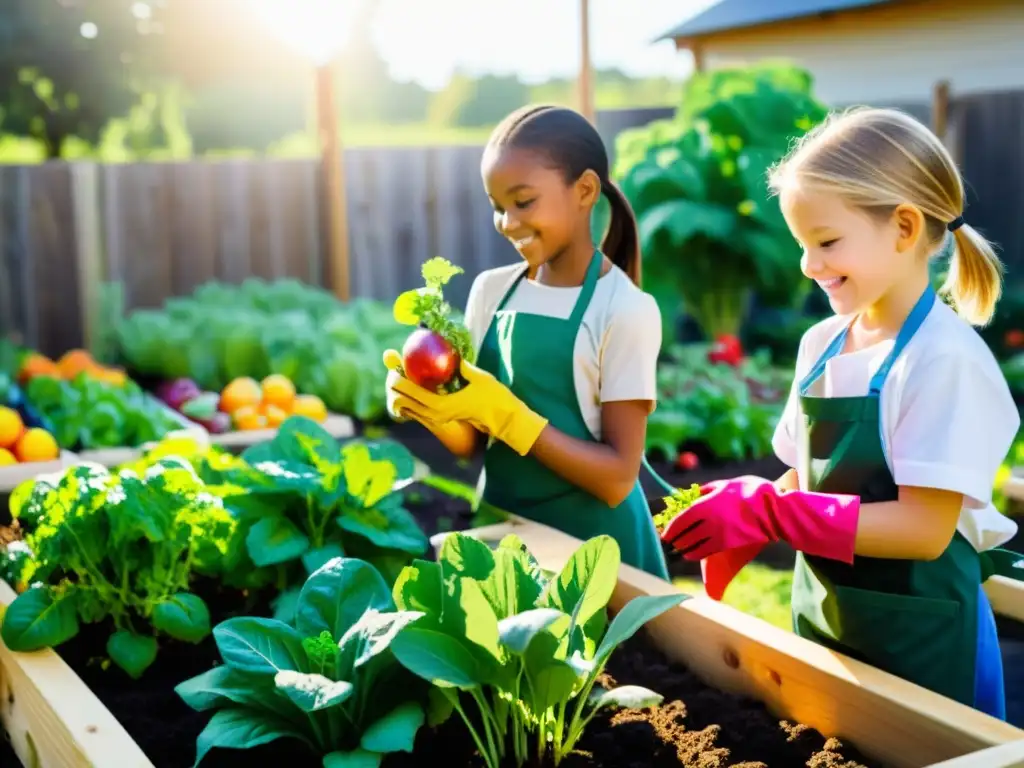 Grupo de estudiantes de primaria cuidando un huerto orgánico, cosechando frutas y verduras