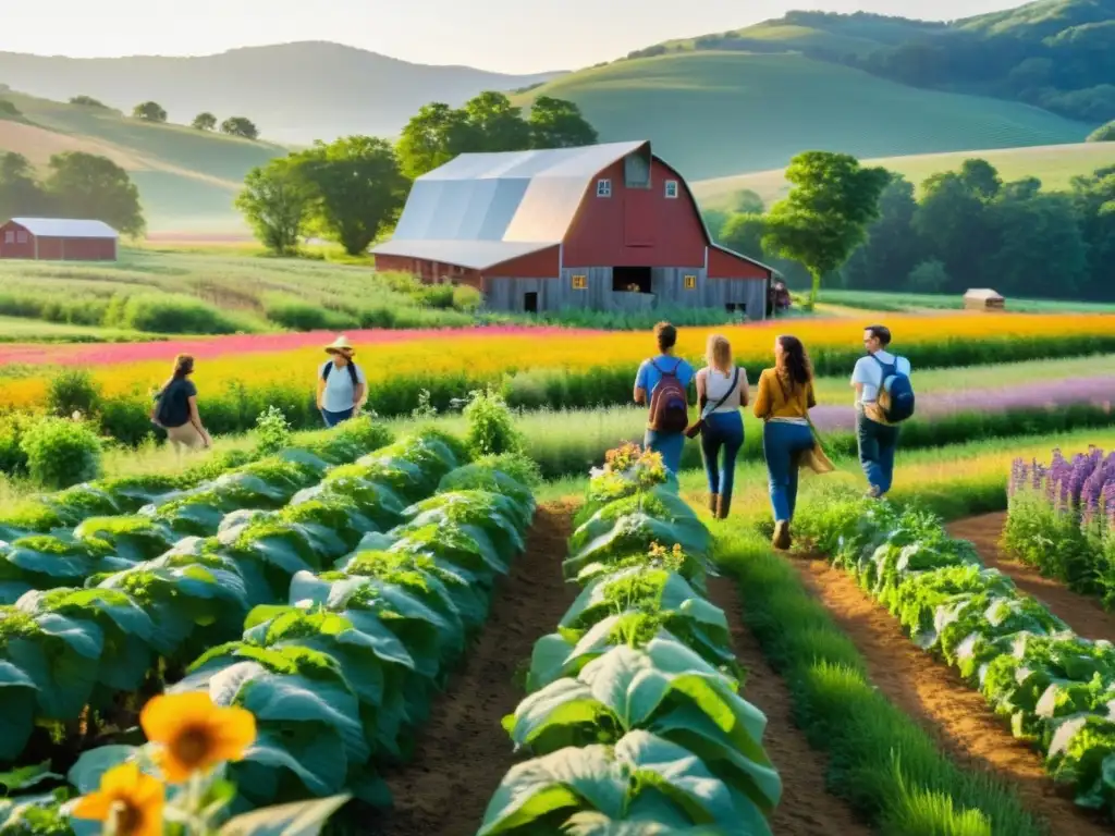 Un grupo de estudiantes disfruta de una visita guiada a una granja orgánica, inmersos en la belleza natural y la educación ambiental