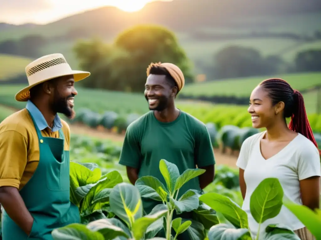 Un grupo de jóvenes adultos diversos participan en una emotiva capacitación en agricultura orgánica en una granja próspera al atardecer