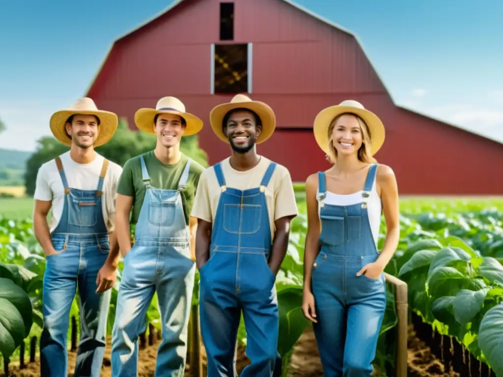 Un grupo de jóvenes agricultores inspecciona con dedicación y orgullo los vibrantes cultivos de su granja orgánica