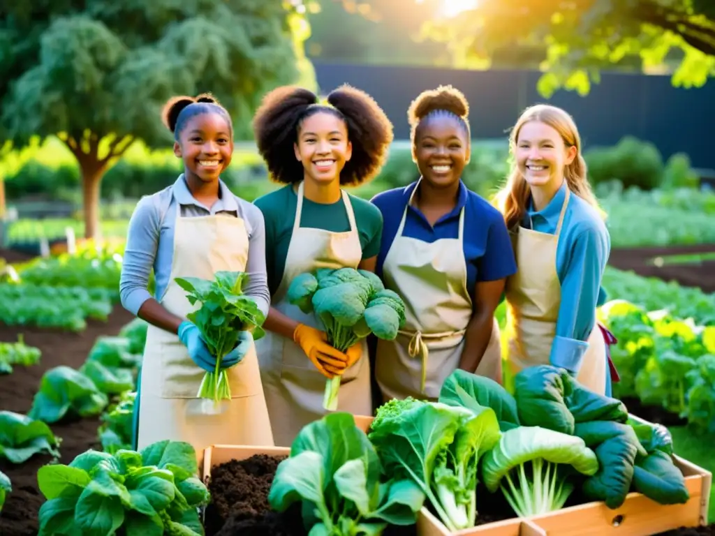 Un grupo de jóvenes estudiantes diversos cosecha vegetales frescos y vibrantes en un huerto escolar, irradiando alegría y trabajando juntos