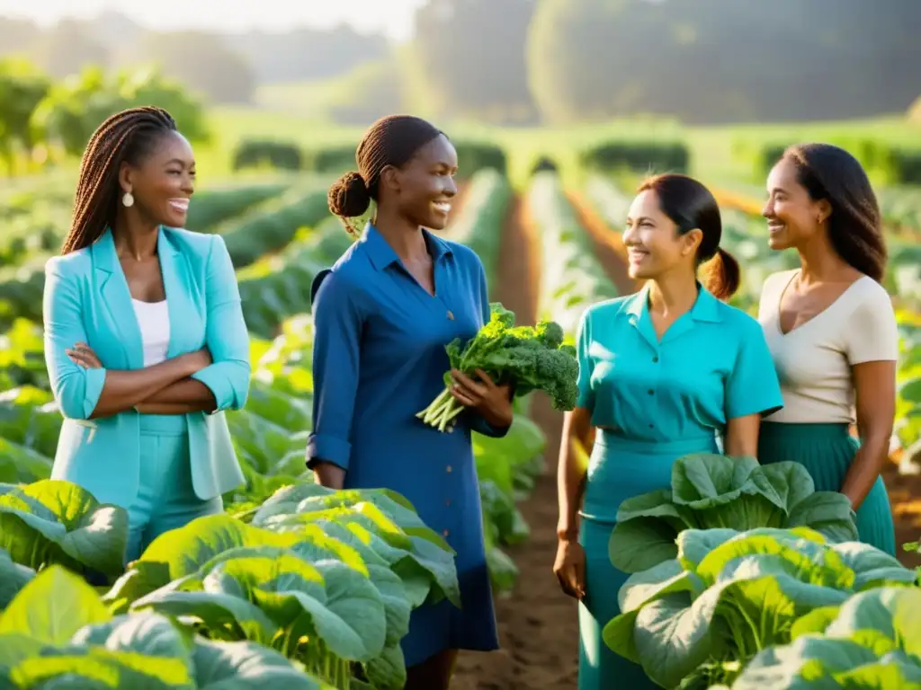 Un grupo de mujeres diversas inspecciona un campo orgánico