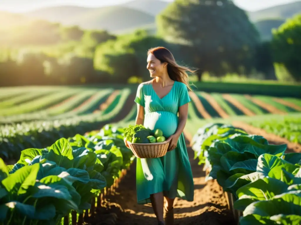 Grupo de mujeres embarazadas seleccionando alimentos orgánicos en una granja soleada, transmitiendo salud y comunidad