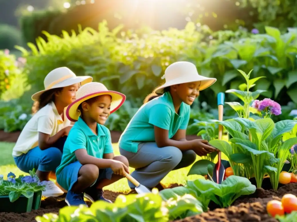 Grupo de niños escolares cuidando con entusiasmo un jardín escolar orgánico, promoviendo la educación en agricultura sostenible