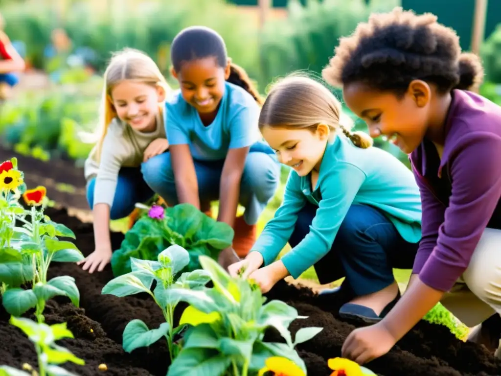 Un grupo de niños trabajando en un huerto escolar, plantando semillas y cuidando la tierra con flores y vegetales coloridos