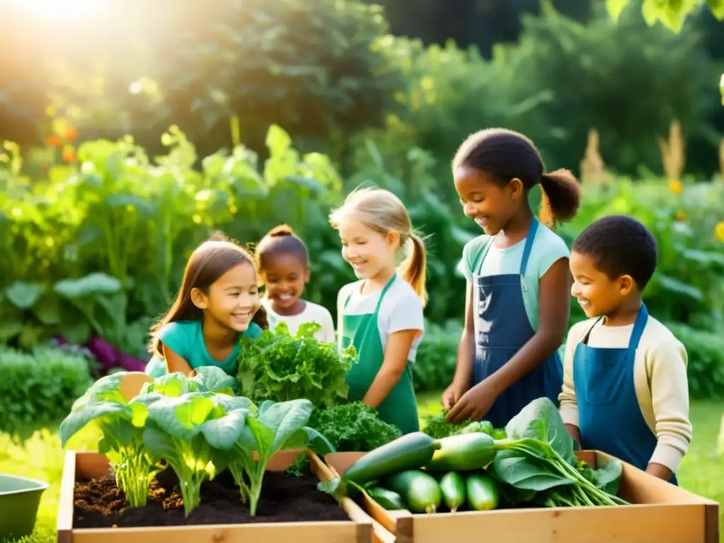 Grupo de niños de primaria cuidando su huerto escolar con educación en agricultura sostenible, en un día soleado