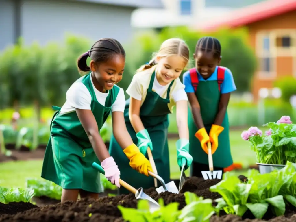 Grupo de niños de primaria plantando en un huerto escolar, bajo el sol brillante