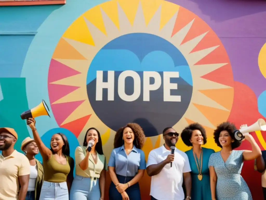 Un grupo de personas diversas y apasionadas se paran juntas frente a un mural colorido, levantando sus voces en unidad