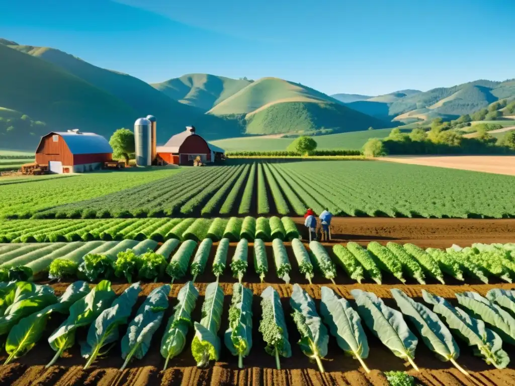 Grupo de trabajadores agrícolas en un campo orgánico, cuidando vegetales, con un hermoso paisaje de agricultura sostenible al fondo