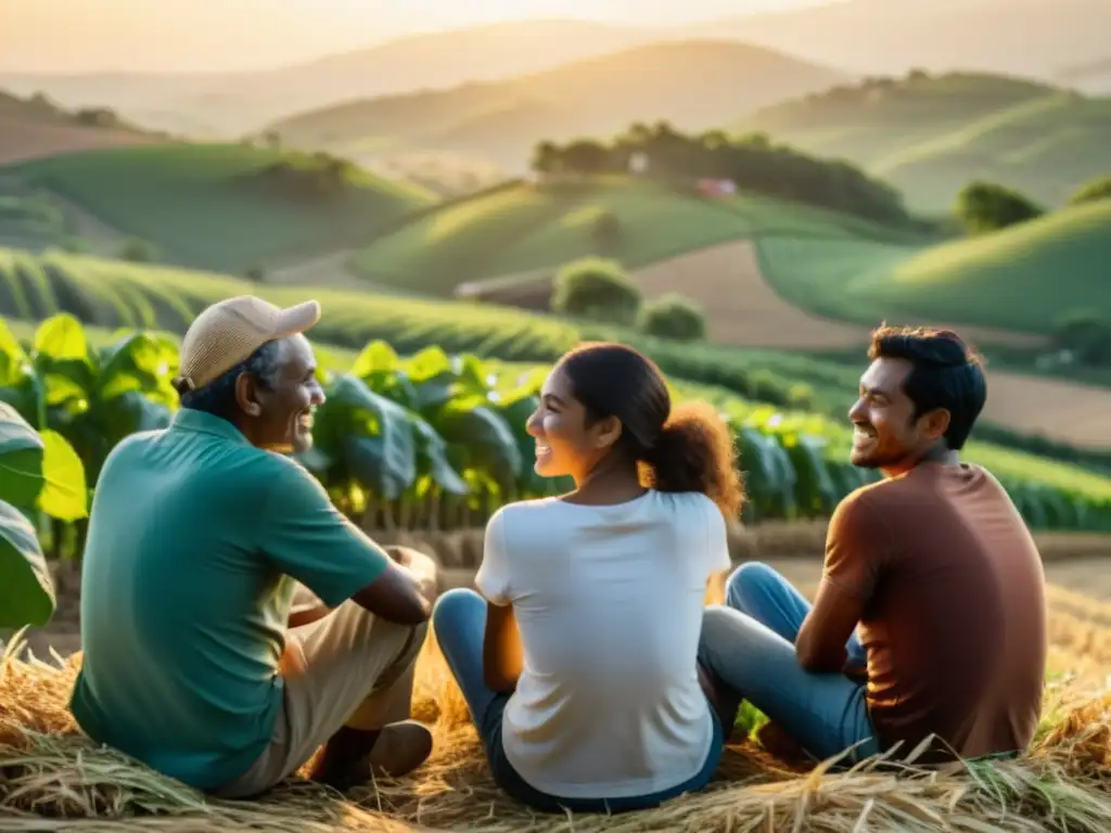 Un grupo de trabajadores de granjas orgánicas comparten experiencias al atardecer, creando un ambiente de camaradería y comunidad