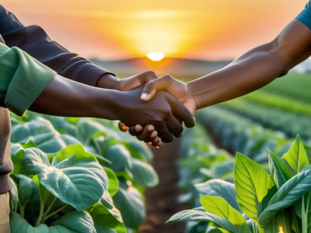 Grupo unido de agricultores orgánicos en cooperativa distribución productos orgánicos, compartiendo un atardecer cálido y próspero