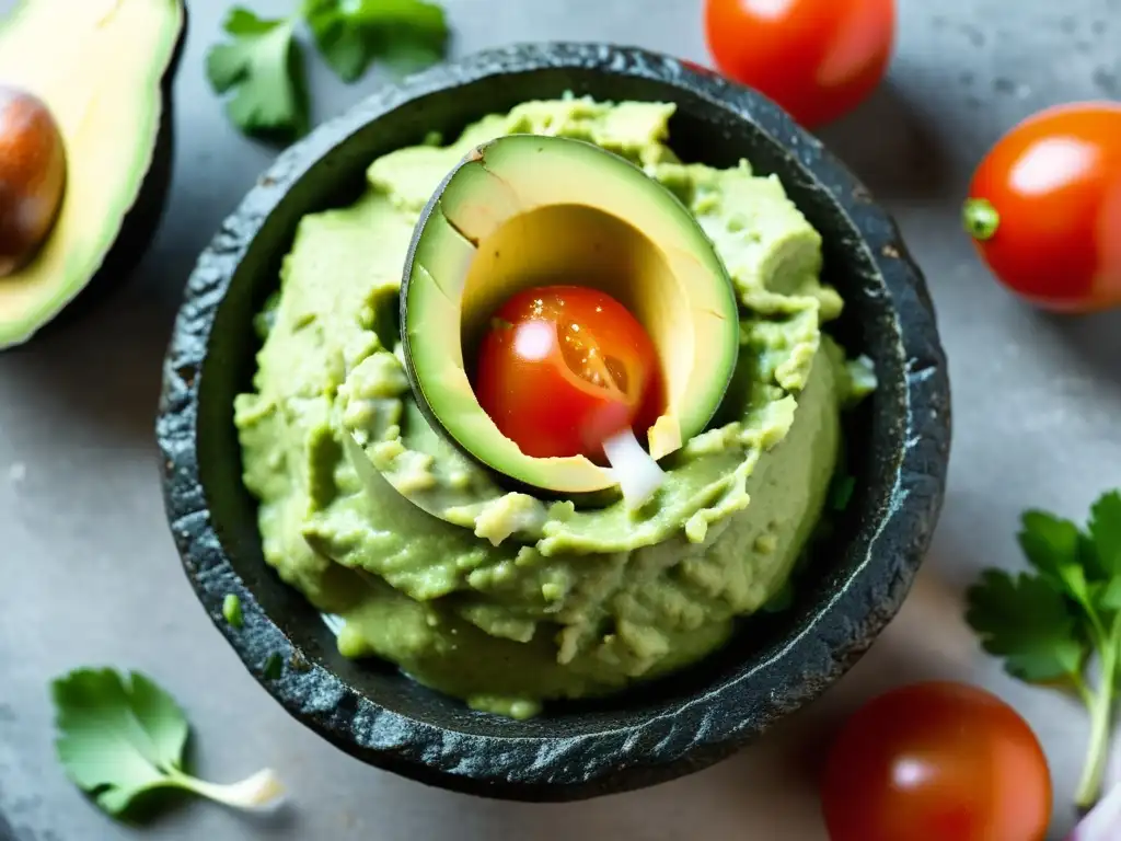 Guacamole fresco en molcajete con ingredientes vibrantes, cocina mexicana orgánica auténtica recetas