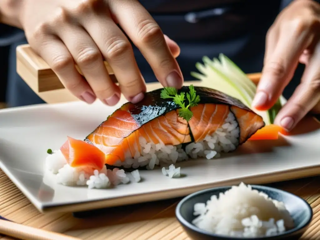 Un habilidoso chef prepara sushi con productos orgánicos, colocando con cuidado una rebanada de salmón sobre arroz