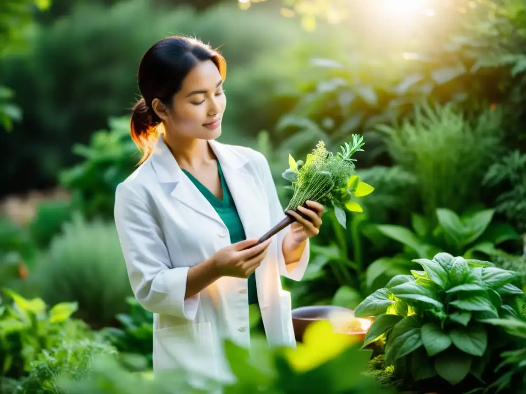 Un herbolario en un jardín, rodeado de plantas y vegetales orgánicos, triturando hierbas frescas