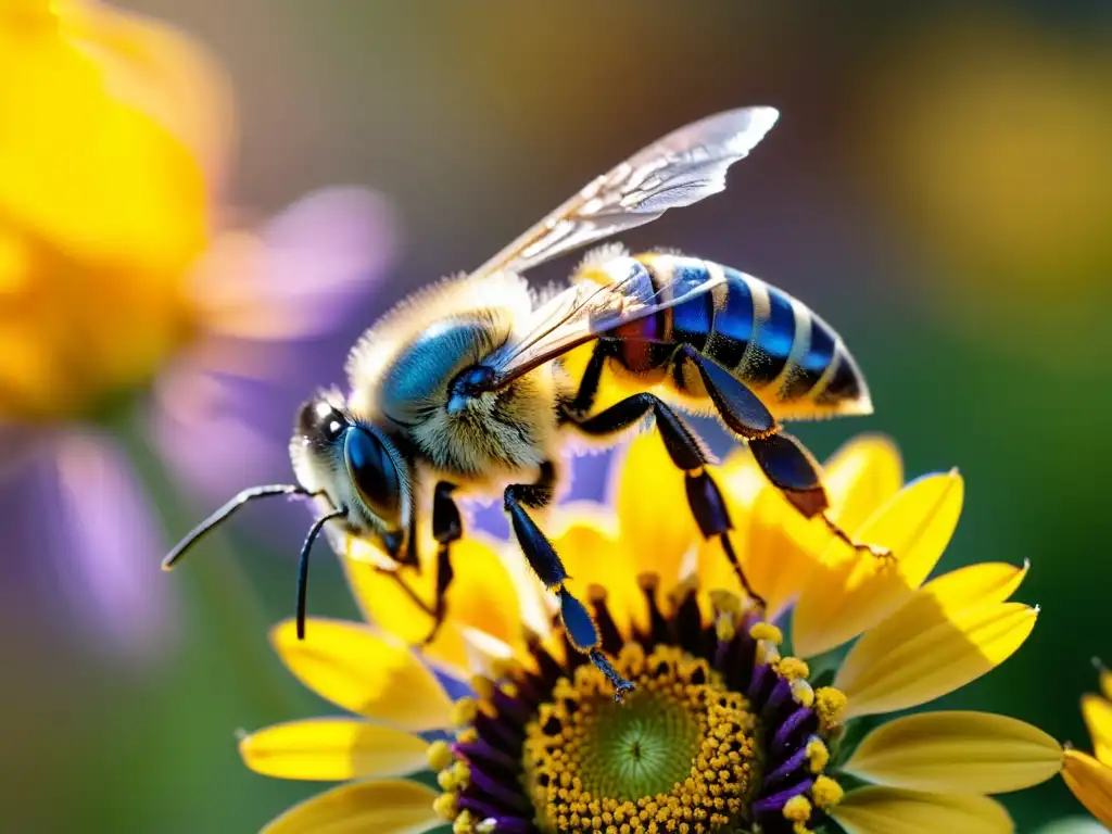 Una hermosa abeja cubierta de polen en una flor colorida, resaltando la importancia de los polinizadores en la agricultura orgánica