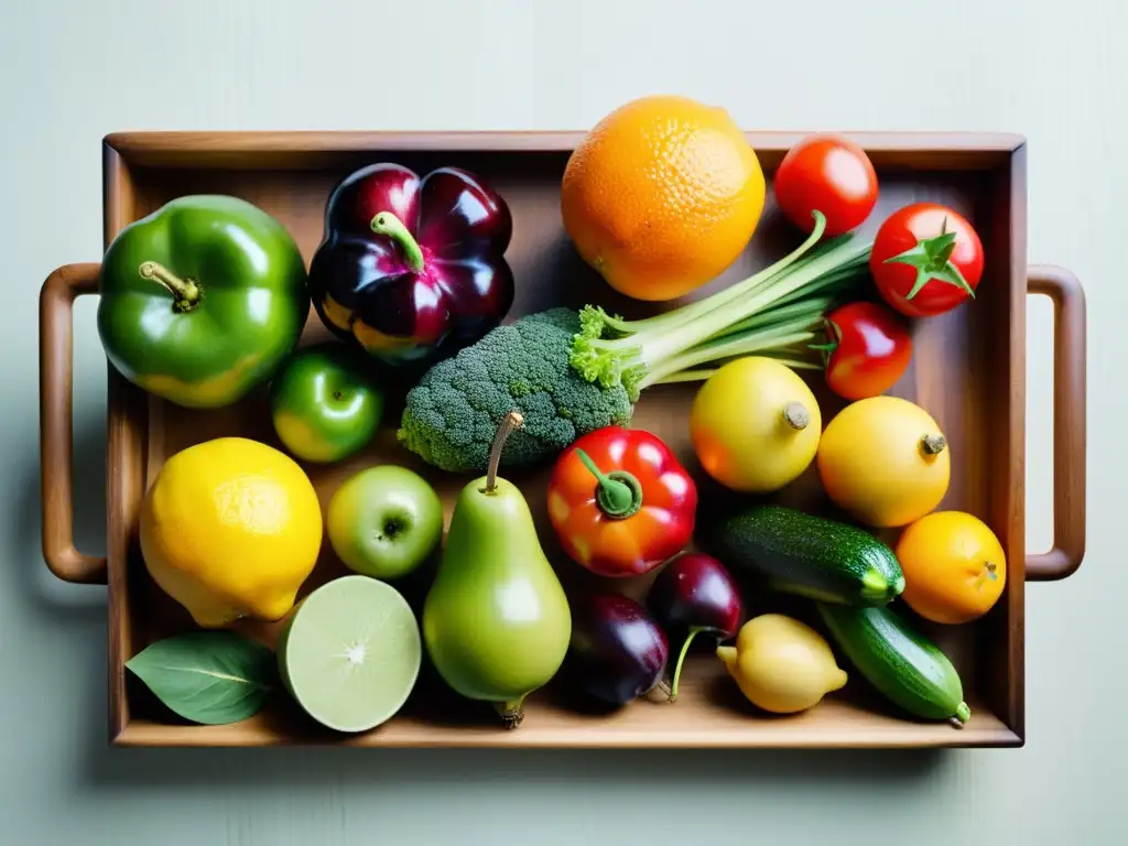 Una hermosa composición de alimentos orgánicos, resaltando su frescura y colorido natural en una mesa de madera