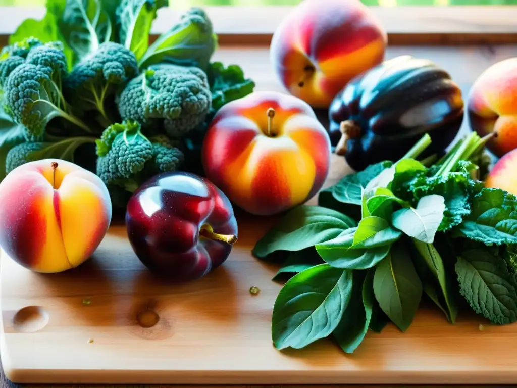 Una hermosa composición de alimentos orgánicos en la dieta: frutas y vegetales frescos sobre tabla de madera, bañados por luz natural