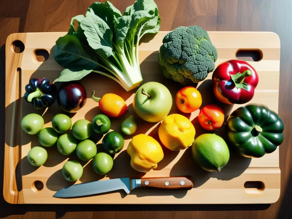 Una hermosa composición de frutas y verduras orgánicas en una tabla de cortar de madera, iluminada suavemente