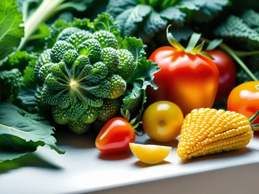 Una hermosa composición de frutas y verduras orgánicas recién cosechadas, con fresas, kale, tomates y maíz