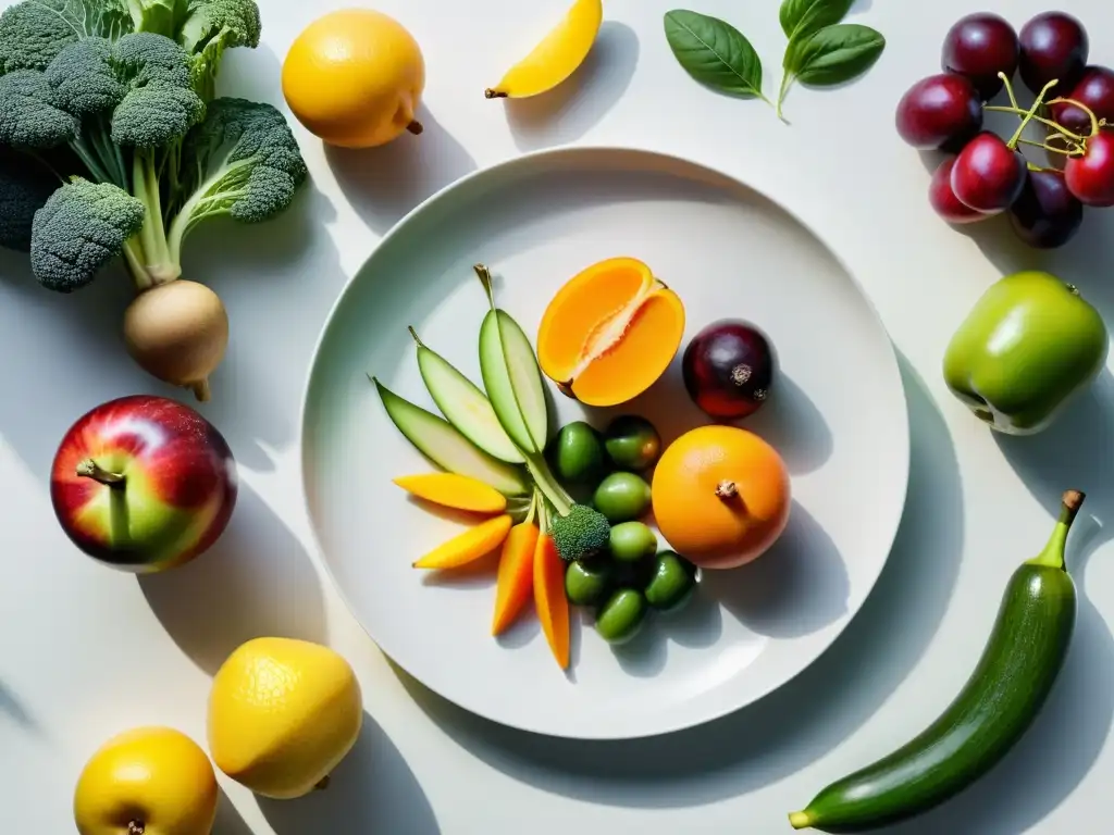 Una hermosa composición de frutas y verduras frescas, reflejando la abundancia y la calma