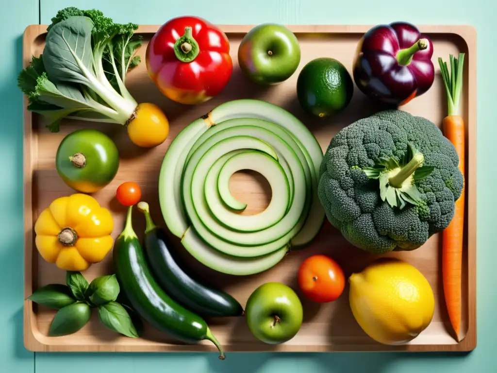 Una hermosa composición de frutas y verduras orgánicas, evocando frescura y armonía visual