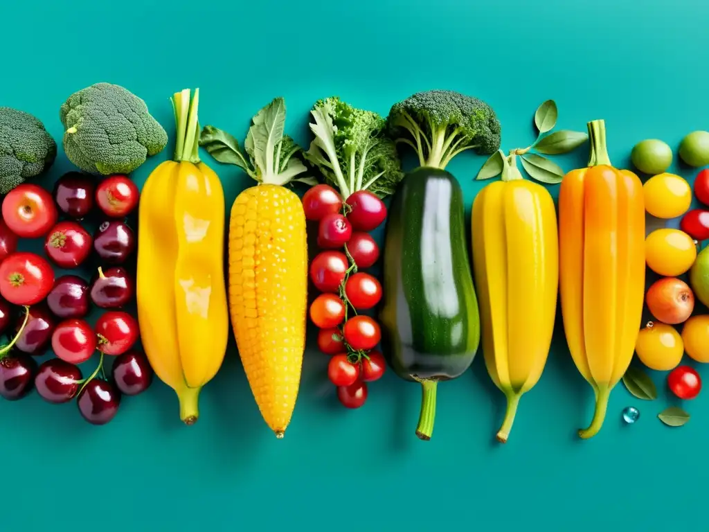 Una hermosa composición de frutas y verduras orgánicas frescas, con colores vibrantes y texturas ricas que evocan los beneficios de la dieta orgánica