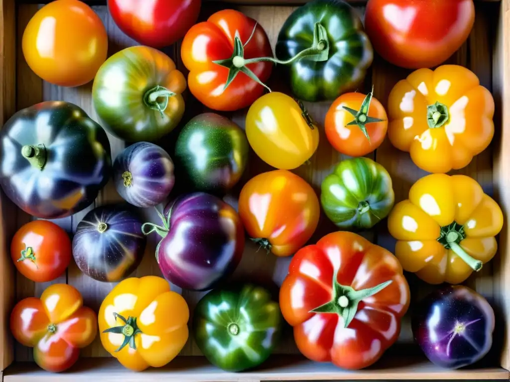 Una hermosa composición de tomates orgánicos de colores vivos, resaltando la diversidad genética y la conservación de alimentos orgánicos