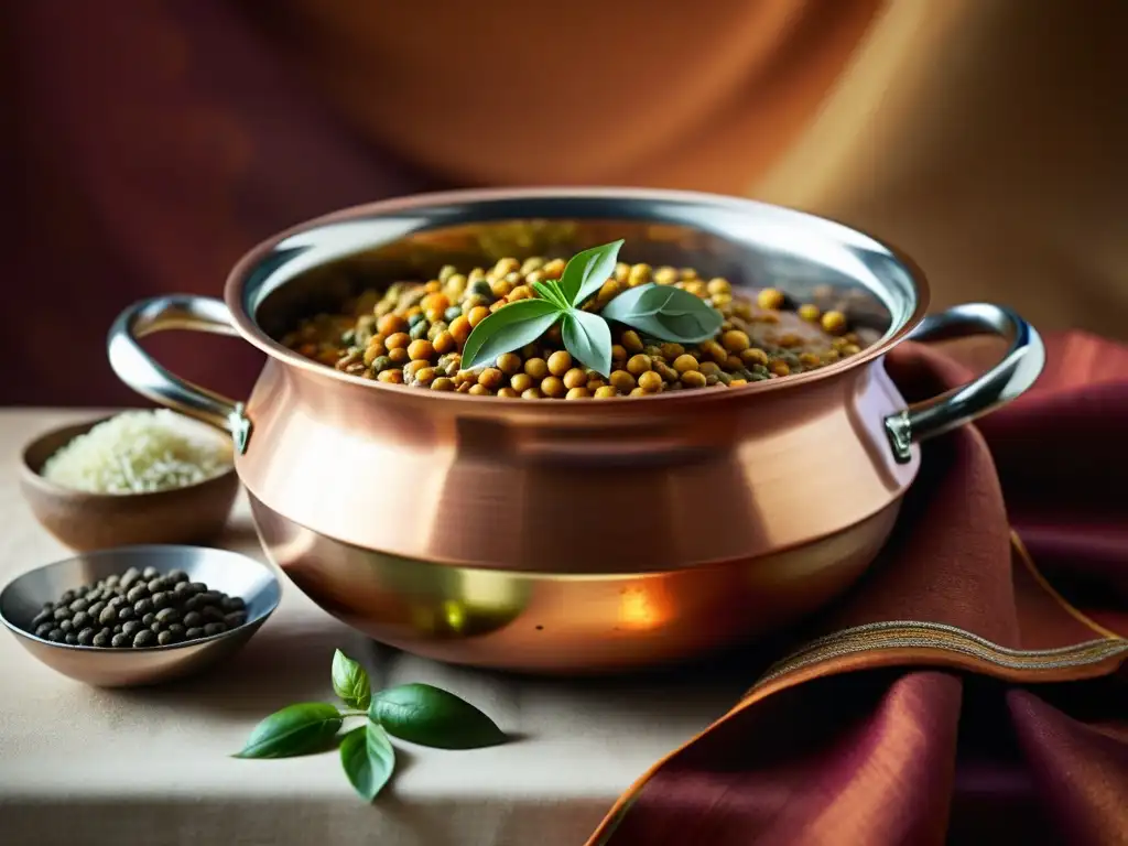 Una hermosa escena de cocina india con un tradicional recipiente de cobre lleno de vibrantes lentejas y especias, sobre un fondo de tela color azafrán