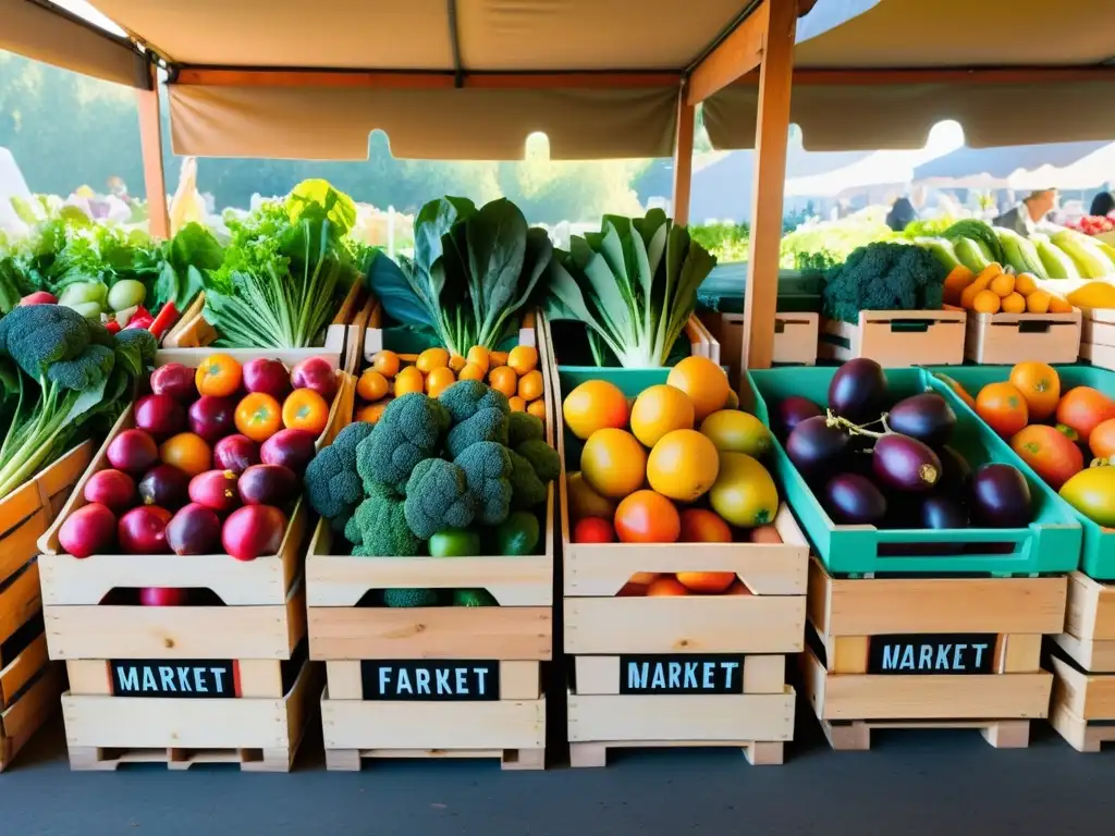 Una hermosa escena de un mercado de agricultores con productos orgánicos frescos y vibrantes cuidadosamente dispuestos en cajas de madera