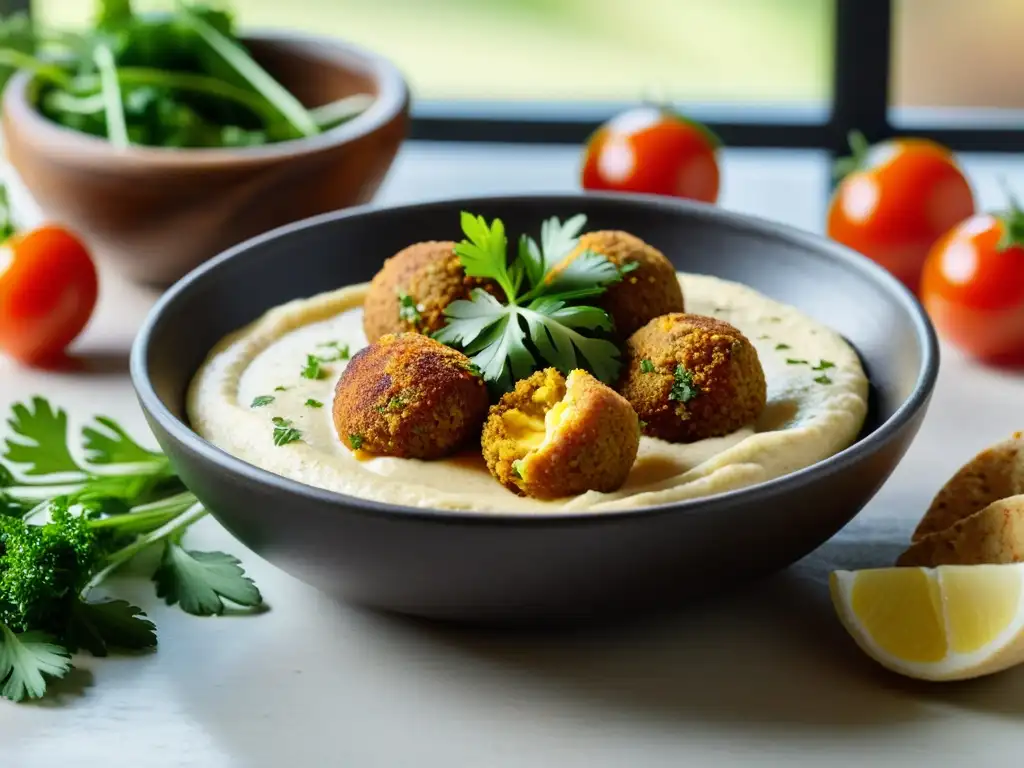 Una hermosa escena de una mesa rústica con hummus cremoso, falafel recién hecho y ingredientes orgánicos