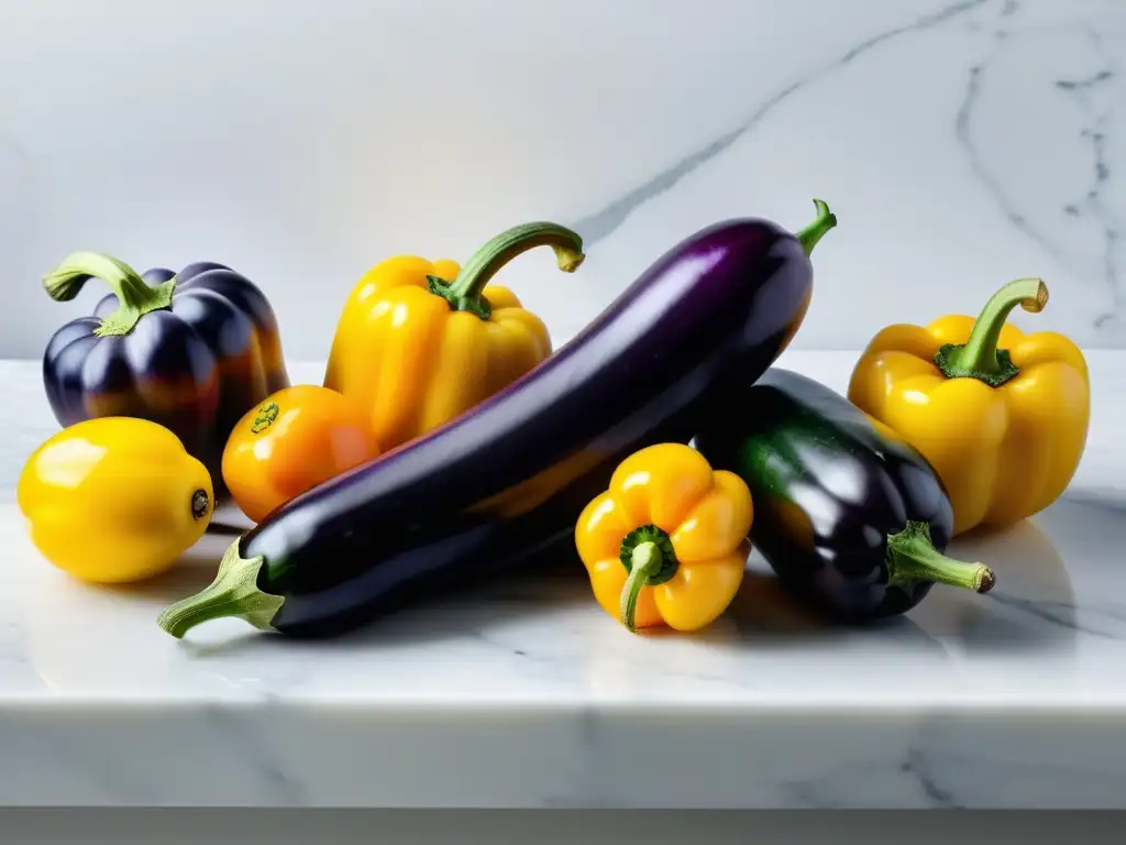 Una hermosa exhibición de alimentos orgánicos y coloridos en una encimera de mármol blanco