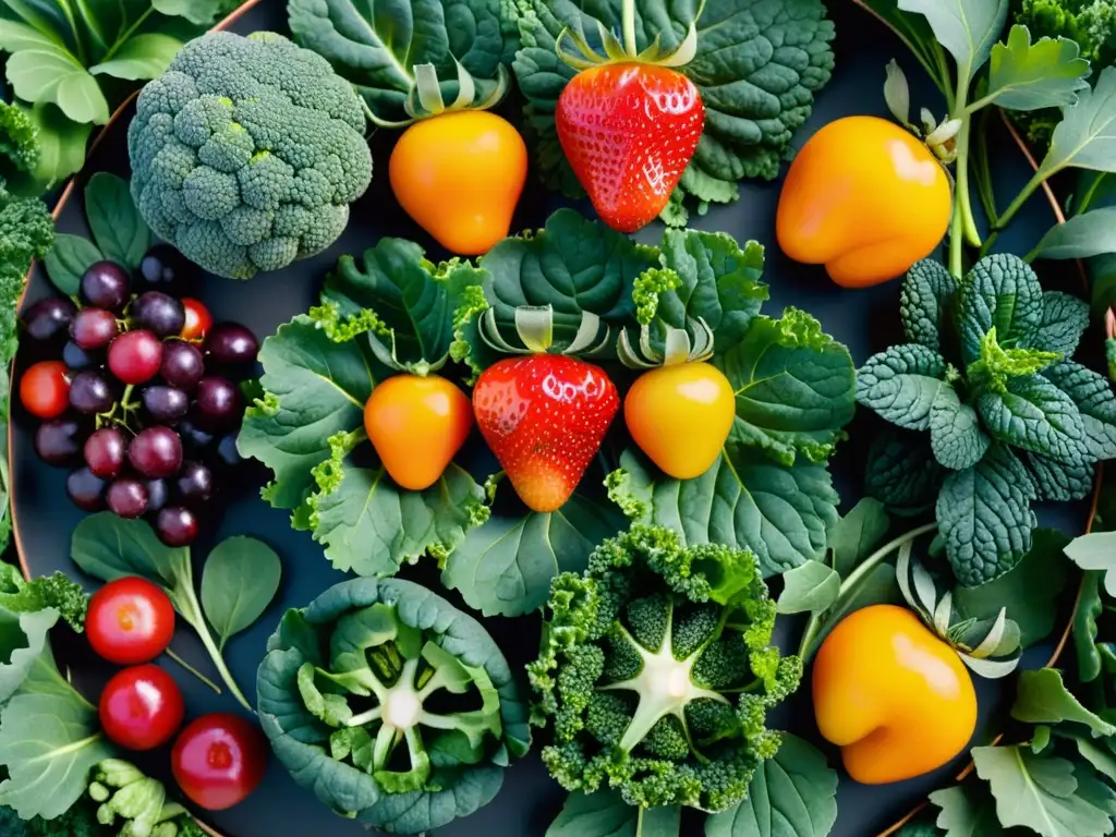 Una hermosa exhibición minimalista de alimentos orgánicos en dieta baja, con frutas y verduras vibrantes y frescas en un arreglo simétrico